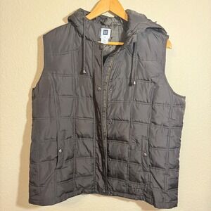 GAP Puffer Vest Womens XL Sleeveless Quilted Hooded Full Zip Snap Front Brown